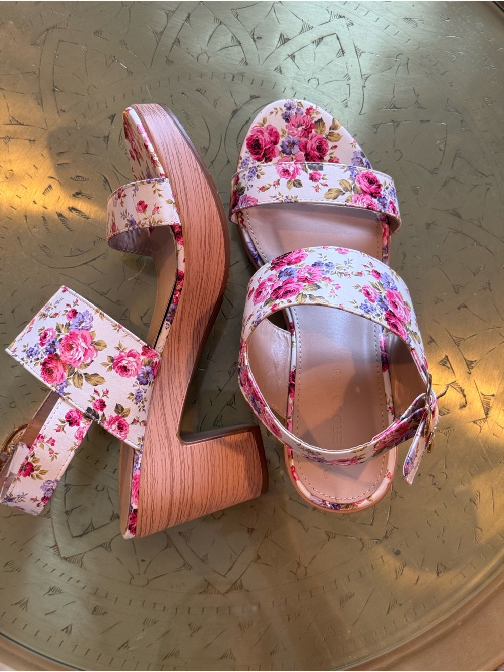 Floral Print Platform Sandals in Pink - Women's Chunky Heels